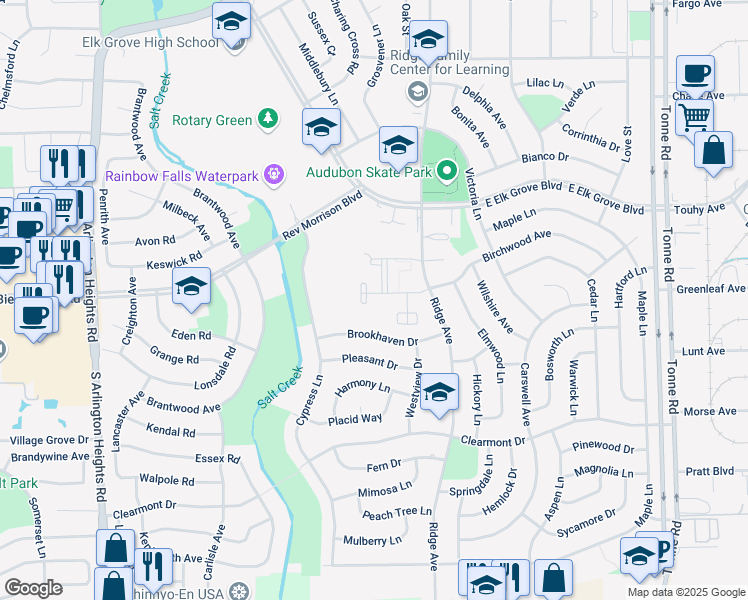 map of restaurants, bars, coffee shops, grocery stores, and more near 914 Ridge Square in Elk Grove Village