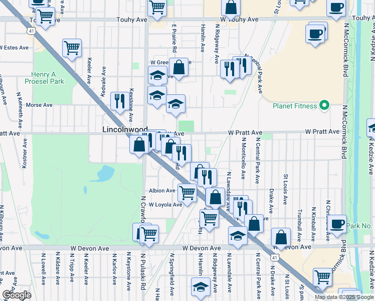 map of restaurants, bars, coffee shops, grocery stores, and more near 6711 Avers Avenue in Lincolnwood