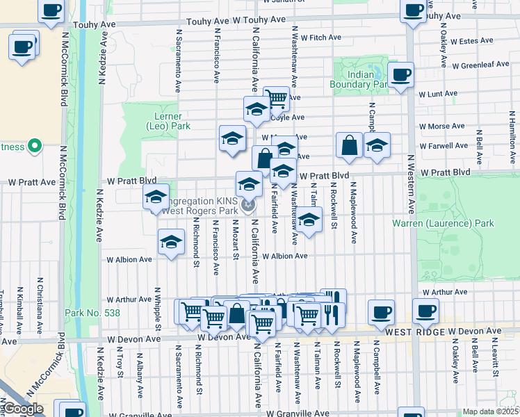 map of restaurants, bars, coffee shops, grocery stores, and more near 6658 North Fairfield Avenue in Chicago