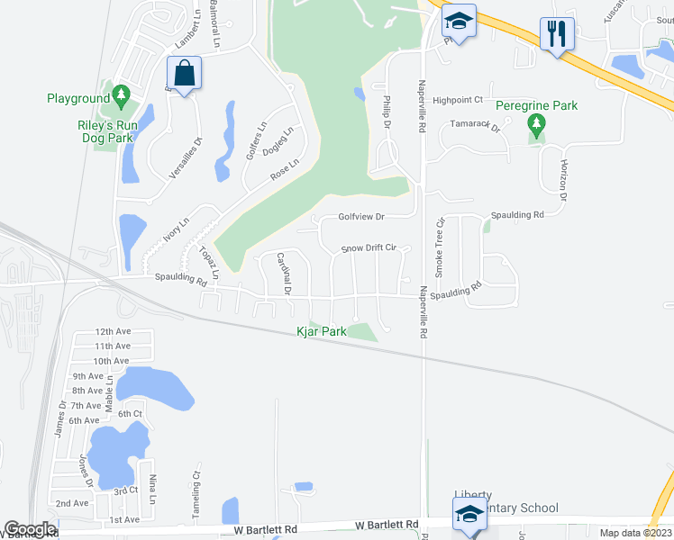 map of restaurants, bars, coffee shops, grocery stores, and more near 477 Snow Drift Circle in Bartlett