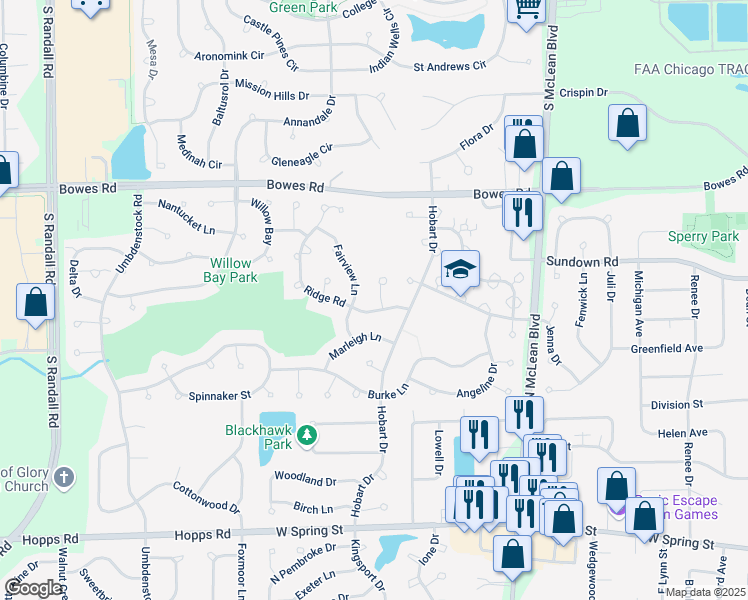 map of restaurants, bars, coffee shops, grocery stores, and more near 1397 Ridge Road in South Elgin