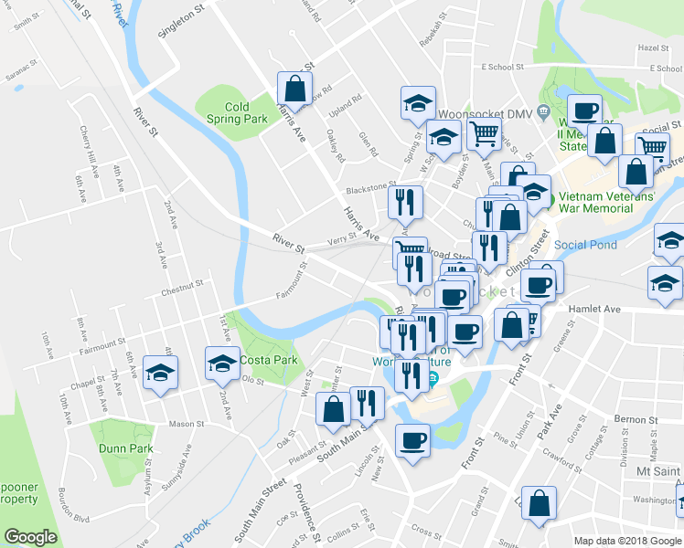 map of restaurants, bars, coffee shops, grocery stores, and more near 390 River Street in Woonsocket