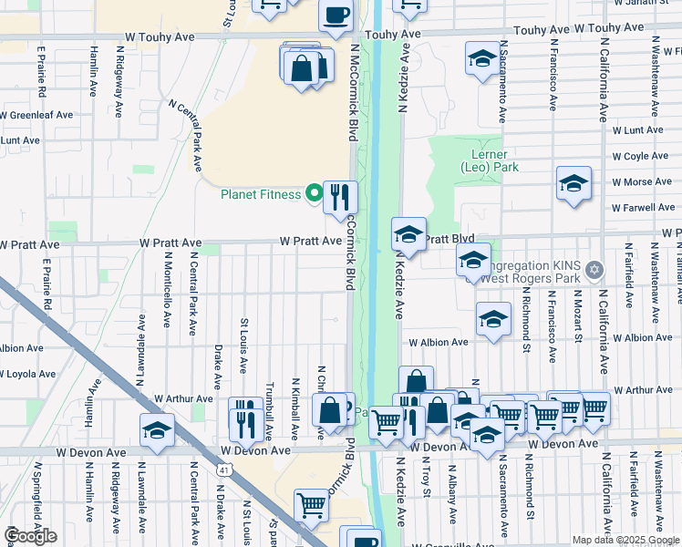 map of restaurants, bars, coffee shops, grocery stores, and more near 2753 Spaulding Avenue in Lincolnwood