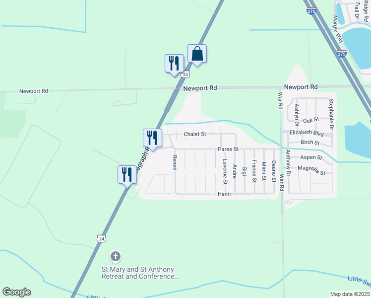 map of restaurants, bars, coffee shops, grocery stores, and more near 1250 Paree Street in Frenchtown Township