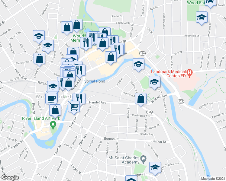 map of restaurants, bars, coffee shops, grocery stores, and more near 56 Hamlet Avenue in Woonsocket