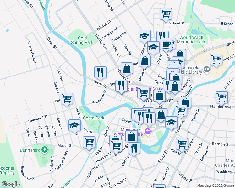 map of restaurants, bars, coffee shops, grocery stores, and more near 109 Water Street in Woonsocket