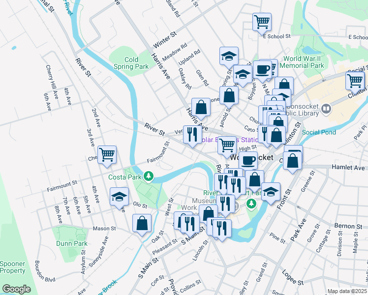 map of restaurants, bars, coffee shops, grocery stores, and more near 109 Water Street in Woonsocket