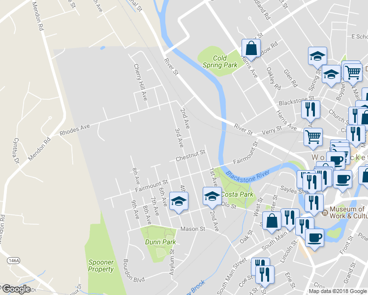 map of restaurants, bars, coffee shops, grocery stores, and more near 133 Chestnut Street in Woonsocket