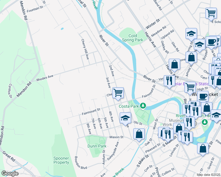 map of restaurants, bars, coffee shops, grocery stores, and more near 133 Chestnut Street in Woonsocket