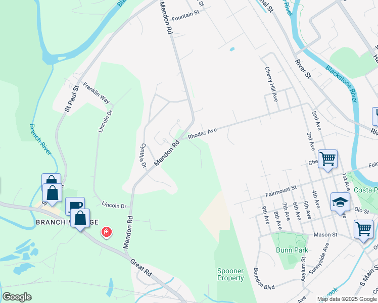 map of restaurants, bars, coffee shops, grocery stores, and more near 400 Mendon Road in North Smithfield