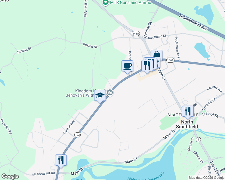 map of restaurants, bars, coffee shops, grocery stores, and more near 1030 Victory Highway in North Smithfield