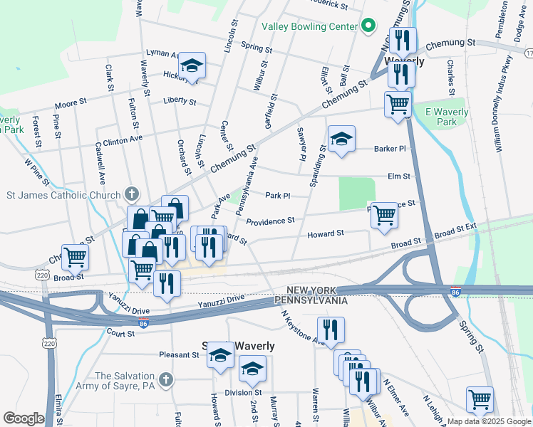 map of restaurants, bars, coffee shops, grocery stores, and more near 108 Providence Street in Waverly