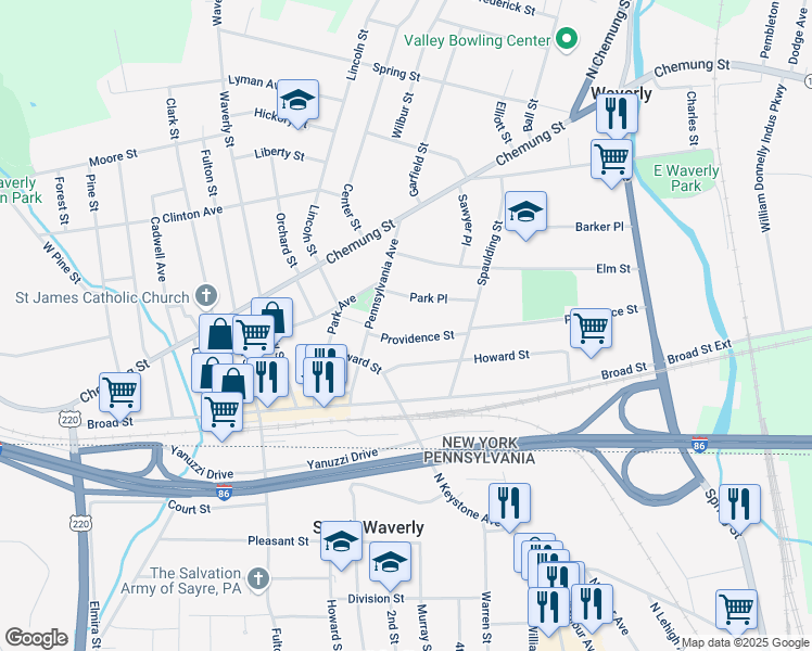 map of restaurants, bars, coffee shops, grocery stores, and more near 108 Providence Street in Waverly