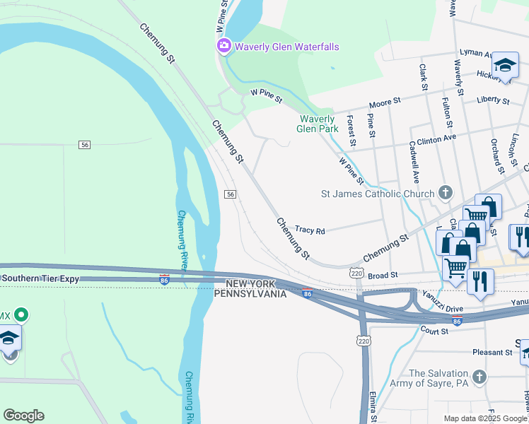 map of restaurants, bars, coffee shops, grocery stores, and more near 36-56 Chemung Street in Waverly