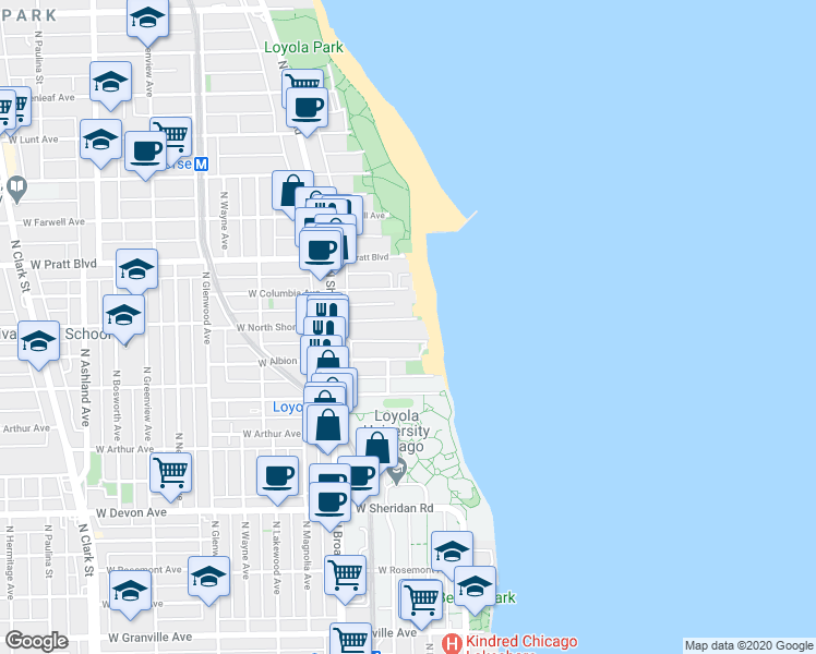 map of restaurants, bars, coffee shops, grocery stores, and more near 1060 West Albion Avenue in Chicago