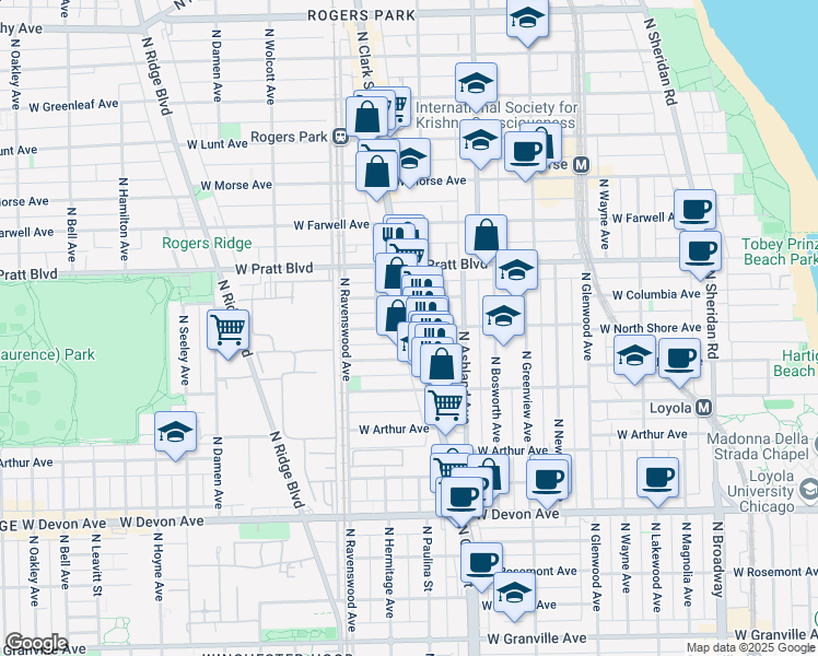 map of restaurants, bars, coffee shops, grocery stores, and more near 6647 North Clark Street in Chicago