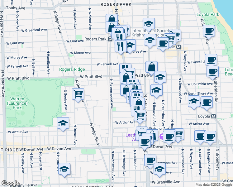 map of restaurants, bars, coffee shops, grocery stores, and more near 1760 West Wallen Avenue in Chicago