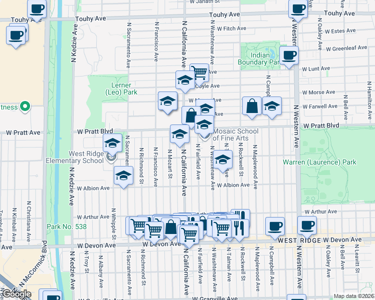 map of restaurants, bars, coffee shops, grocery stores, and more near 6658 North Fairfield Avenue in Chicago