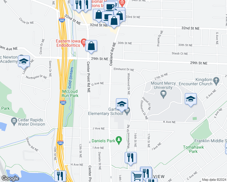 map of restaurants, bars, coffee shops, grocery stores, and more near 1414 Oakland Road Northeast in Cedar Rapids