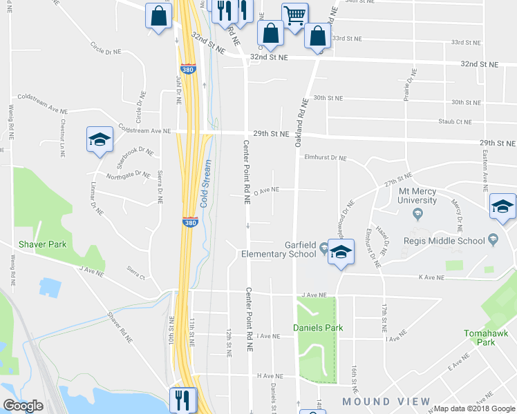 map of restaurants, bars, coffee shops, grocery stores, and more near 1414 Center Point Road Northeast in Cedar Rapids