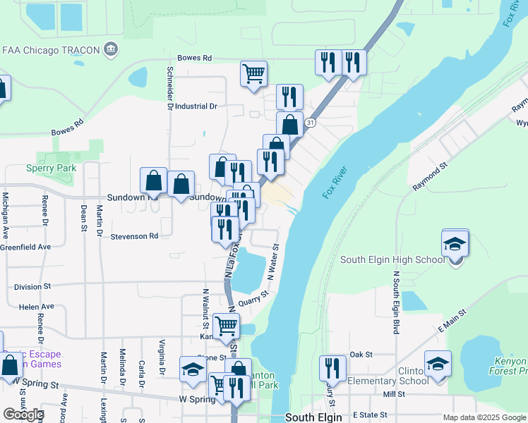 map of restaurants, bars, coffee shops, grocery stores, and more near 138 Melrose Court in South Elgin