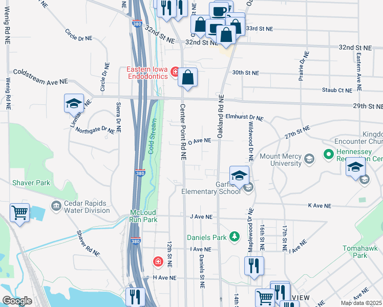 map of restaurants, bars, coffee shops, grocery stores, and more near 1314 M Avenue Northeast in Cedar Rapids