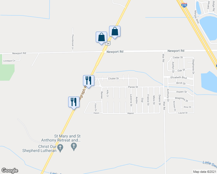 map of restaurants, bars, coffee shops, grocery stores, and more near 8560 Killy in Monroe County