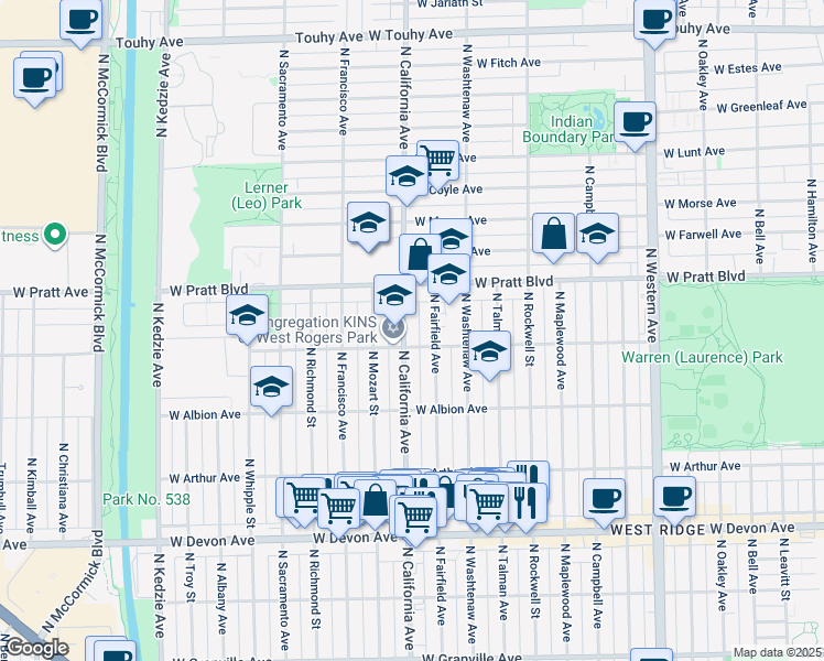 map of restaurants, bars, coffee shops, grocery stores, and more near 6658 North Fairfield Avenue in Chicago