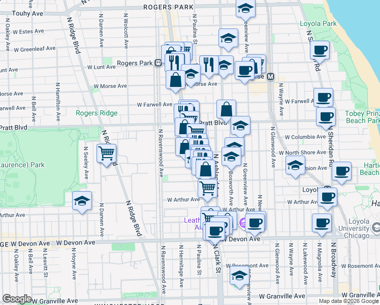 map of restaurants, bars, coffee shops, grocery stores, and more near 6647 North Clark Street in Chicago