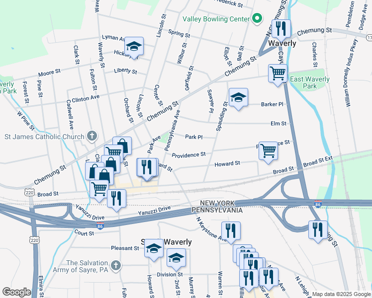 map of restaurants, bars, coffee shops, grocery stores, and more near 108 Providence Street in Waverly