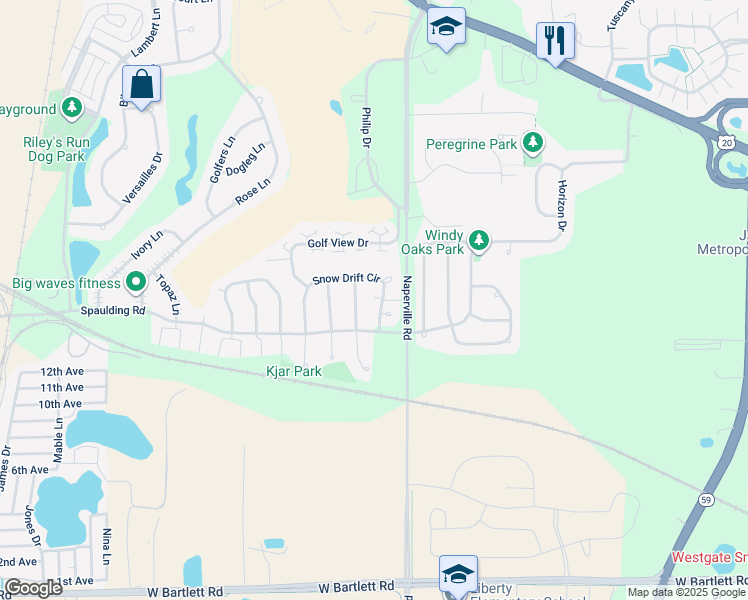 map of restaurants, bars, coffee shops, grocery stores, and more near 424 Snow Drift Circle in Bartlett