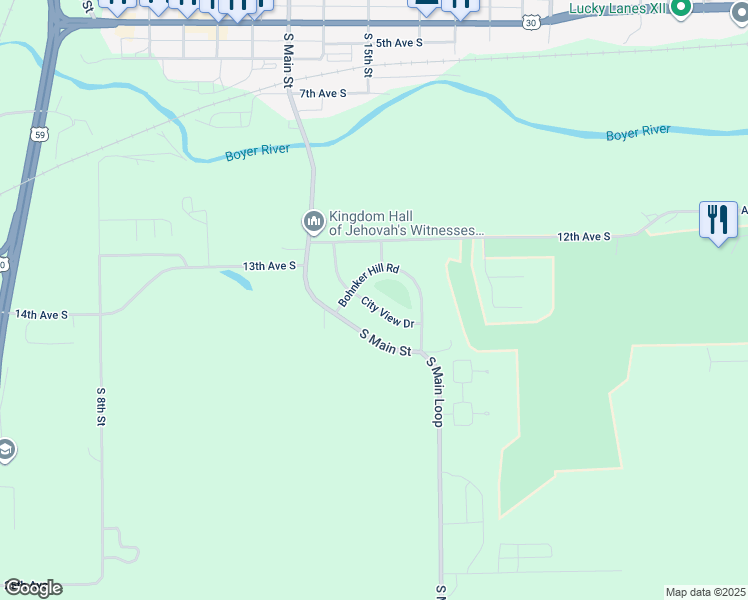 map of restaurants, bars, coffee shops, grocery stores, and more near 1422 City View Drive in Denison
