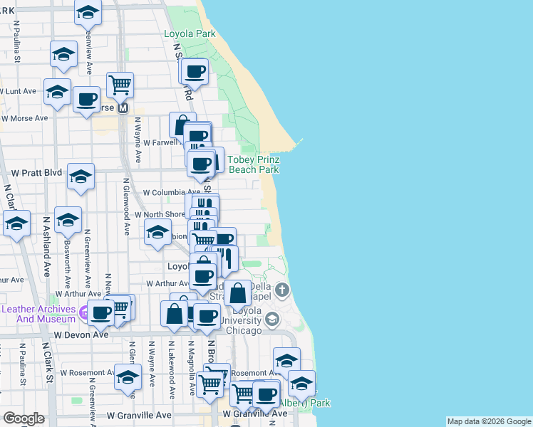 map of restaurants, bars, coffee shops, grocery stores, and more near 1029 West North Shore Avenue in Chicago