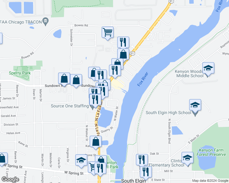 map of restaurants, bars, coffee shops, grocery stores, and more near 63 Melrose Court in South Elgin