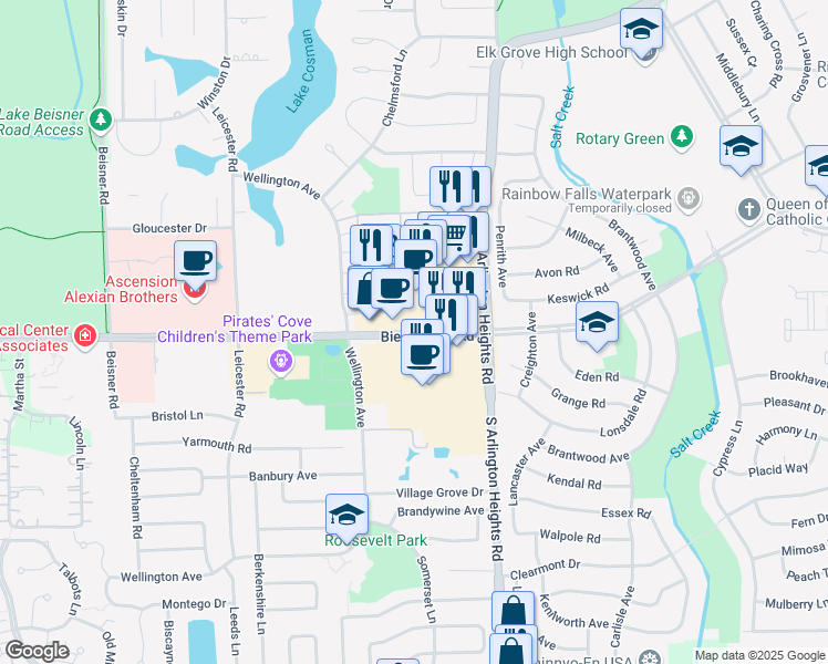 map of restaurants, bars, coffee shops, grocery stores, and more near 102 Biesterfield Road in Elk Grove Village