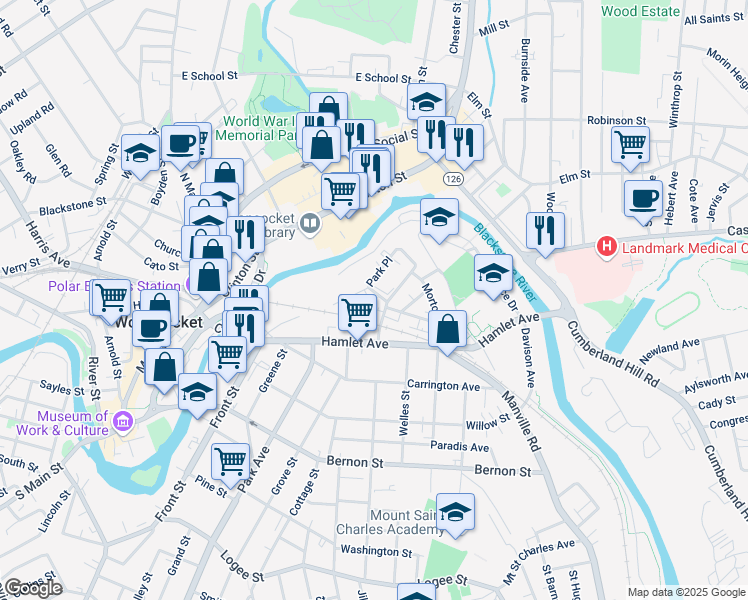 map of restaurants, bars, coffee shops, grocery stores, and more near 362 Park Place in Woonsocket