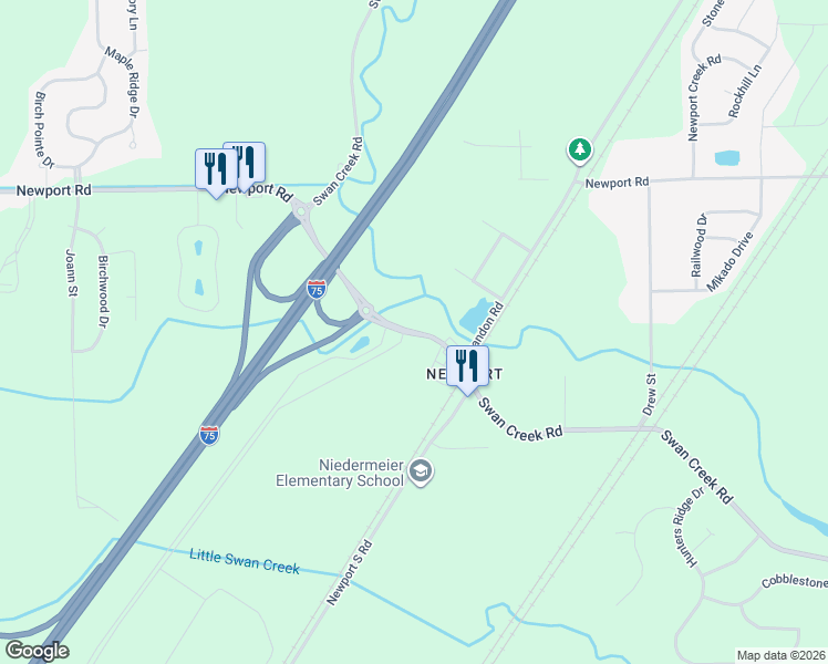 map of restaurants, bars, coffee shops, grocery stores, and more near 9117-9145 Swan Creek Road in Berlin Charter Township