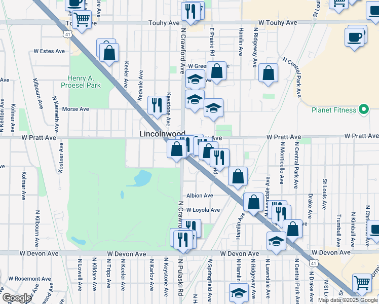 map of restaurants, bars, coffee shops, grocery stores, and more near 6717 Lincoln Avenue in Lincolnwood