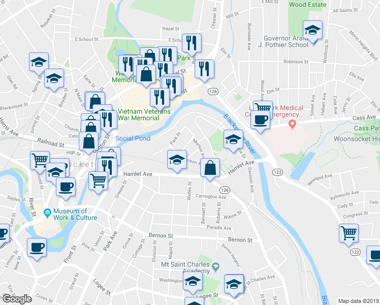 map of restaurants, bars, coffee shops, grocery stores, and more near 166 Harrison Avenue in Woonsocket