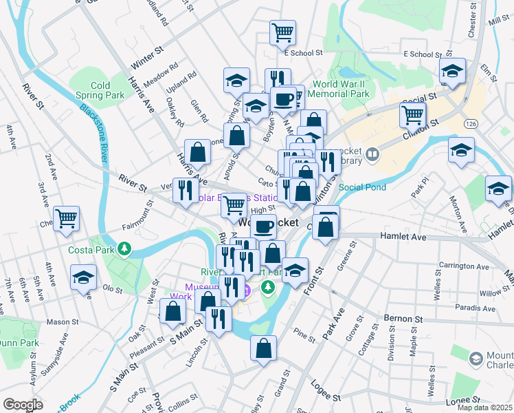 map of restaurants, bars, coffee shops, grocery stores, and more near in Woonsocket