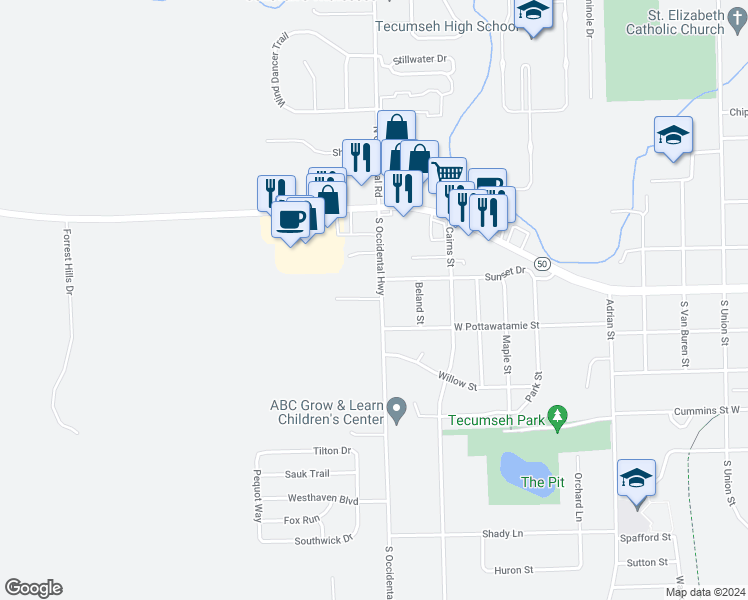 map of restaurants, bars, coffee shops, grocery stores, and more near 1301 Southwestern Drive in Tecumseh