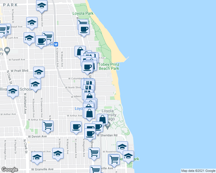 map of restaurants, bars, coffee shops, grocery stores, and more near 1060 West Albion Avenue in Chicago
