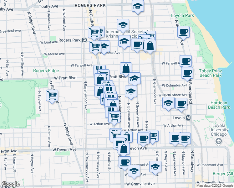 map of restaurants, bars, coffee shops, grocery stores, and more near 6645 North Ashland Avenue in Chicago