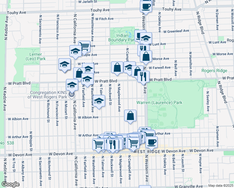 map of restaurants, bars, coffee shops, grocery stores, and more near 2553 West North Shore Avenue in Chicago