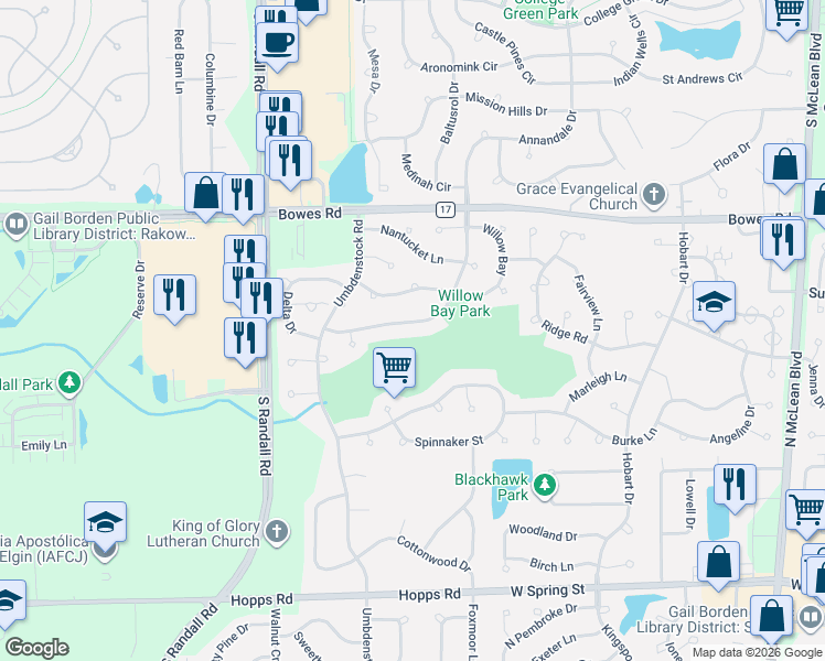 map of restaurants, bars, coffee shops, grocery stores, and more near 1097 Annandale Drive in Elgin
