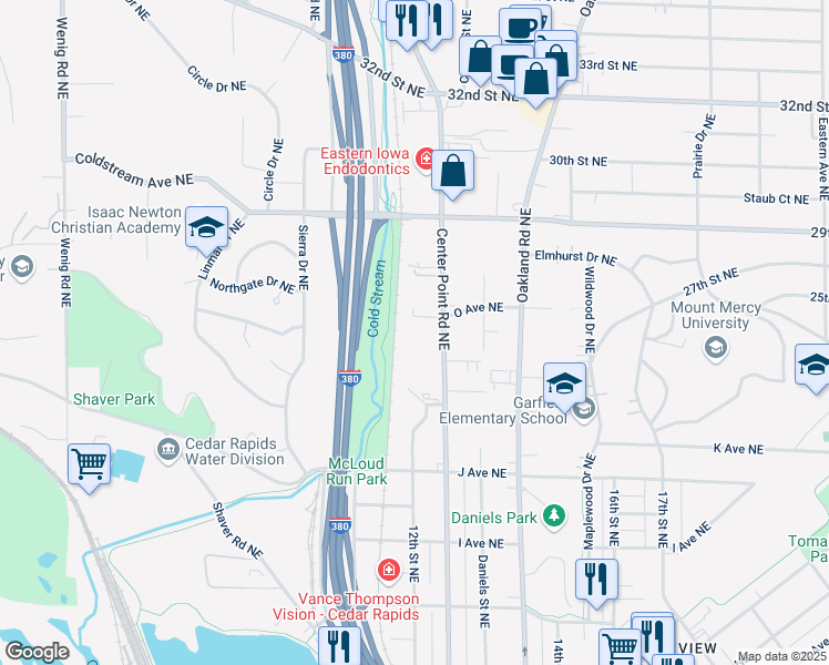 map of restaurants, bars, coffee shops, grocery stores, and more near 1405 Center Point Road Northeast in Cedar Rapids
