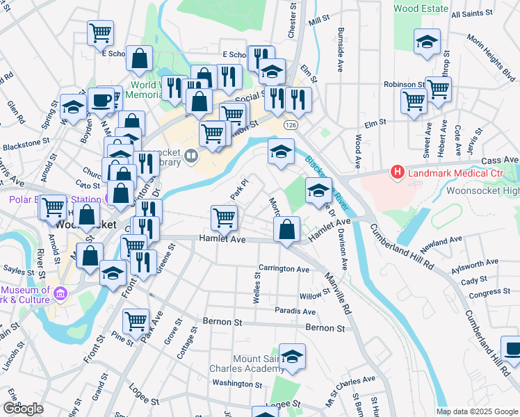 map of restaurants, bars, coffee shops, grocery stores, and more near 166 Harrison Avenue in Woonsocket