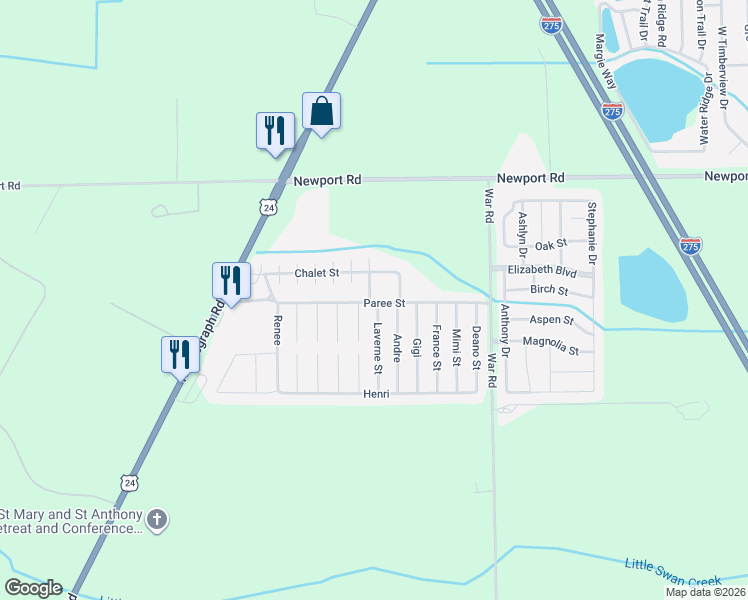 map of restaurants, bars, coffee shops, grocery stores, and more near 8543 Laverne Street in Monroe County