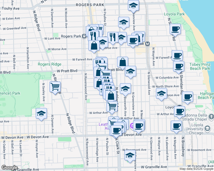 map of restaurants, bars, coffee shops, grocery stores, and more near 1634 West North Shore Avenue in Chicago