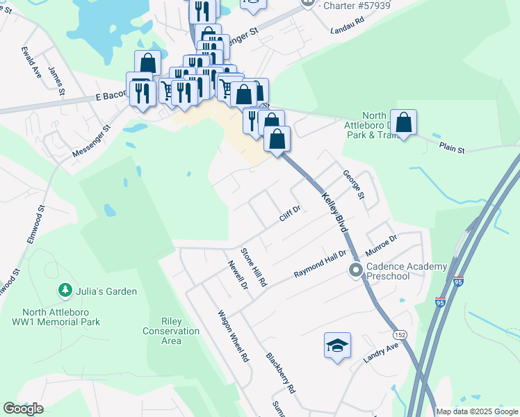 map of restaurants, bars, coffee shops, grocery stores, and more near 20 Payson Lane in North Attleborough
